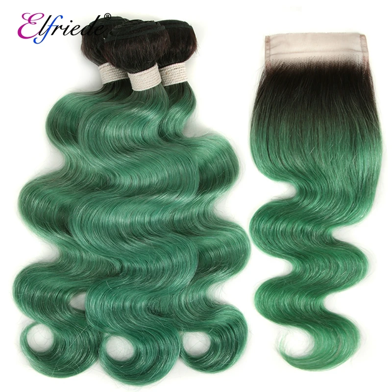 Elfriede #T1B/Green Body Wave Ombre Color Hair Bundles with Closure Brazilian Human Hair Weaves 3 Bundles with Lace Closure 4x4