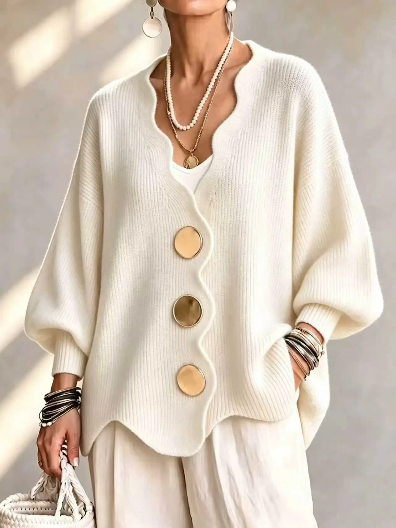 Chic Oversized Knit Cardigan for Women Wavy V Neck Big Button Lantern Sleeve Irregular Curved Hem Loose Casual Sweater Outerwear
