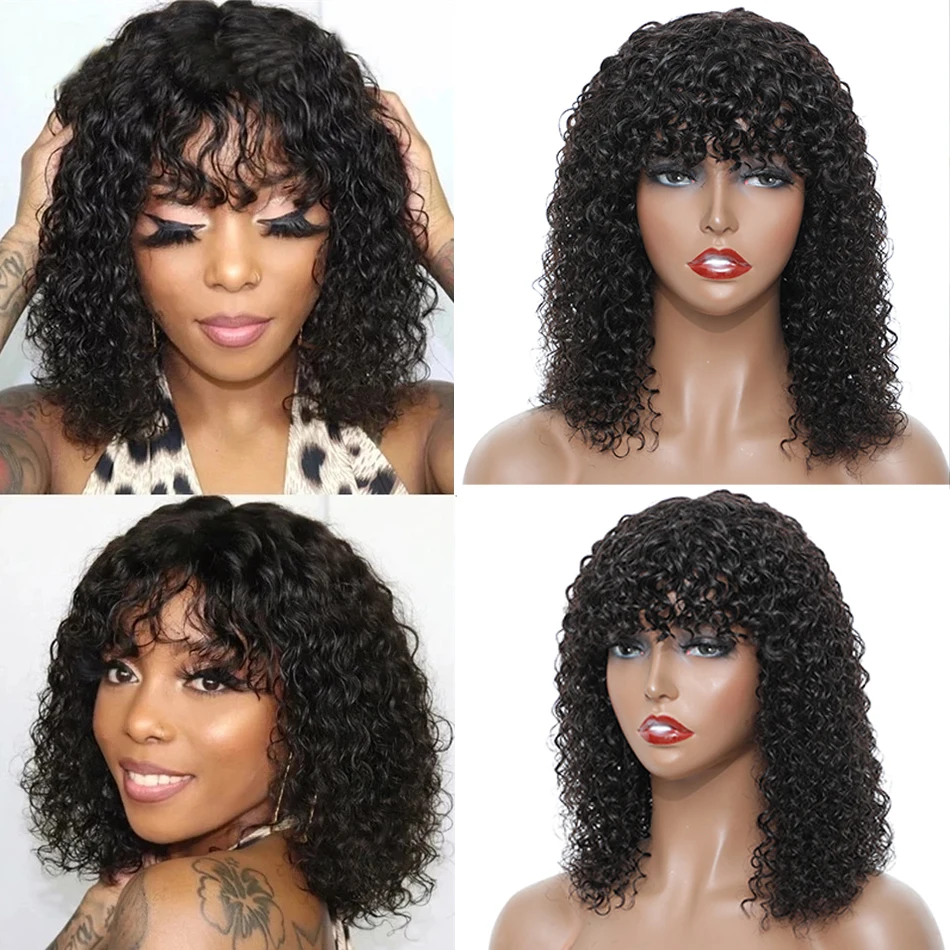 Peruca Curly Kinky Curly Bob com Franja para Mulheres, Perucas de Cabelo Humano Onda de Água, Glueless, Máquina Completa Feita