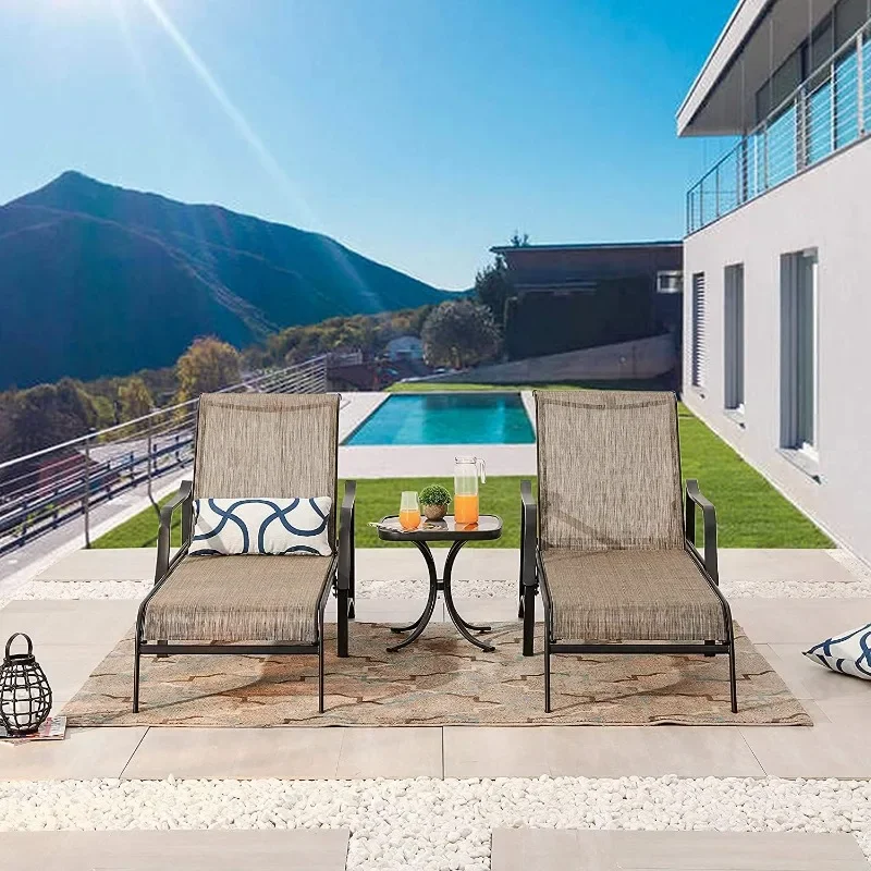 ZHENXIANG-Chaise Lounge para Patio, silla de salón de Metal con respaldo ajustable al aire libre con mesa de Bistro, 3 piezas para porche, Patio trasero, piscina