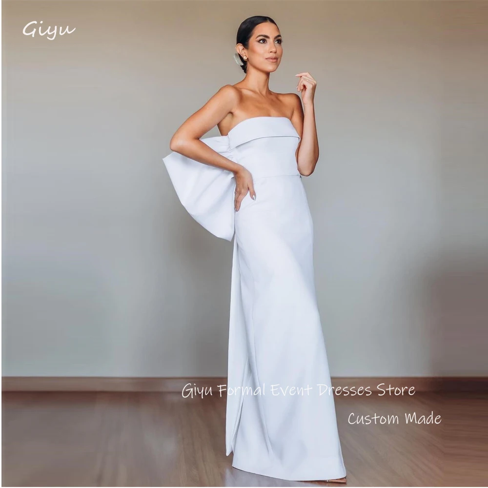 

Giyu Simple White Wedding Dresses Strapless Big Bowknot Back Straight Floor Length Empire Waist Bridal Gowns Vestido de noiva