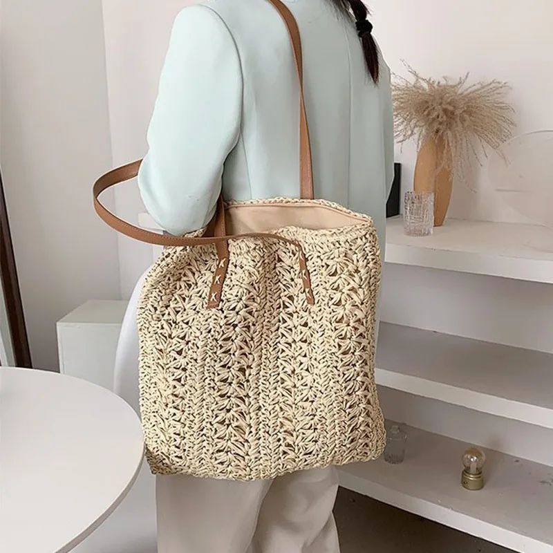 Women\'s Fashion Straw Cutout Beach Vacation Shoulder Bags Shopping Handbags Girls Casual Handwoven Handbags