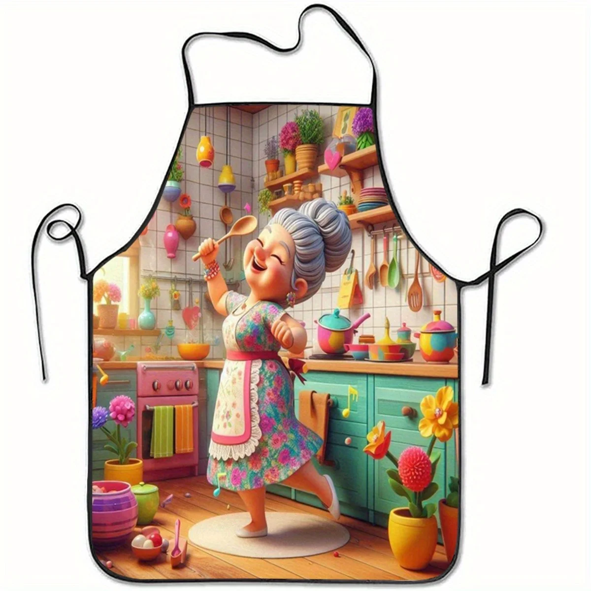 A Cheerful Grandmother Cooking Apron - Featuring A Joyful Kitchen Print Design With Floral Patterns - Lightweight And Easy To Cl