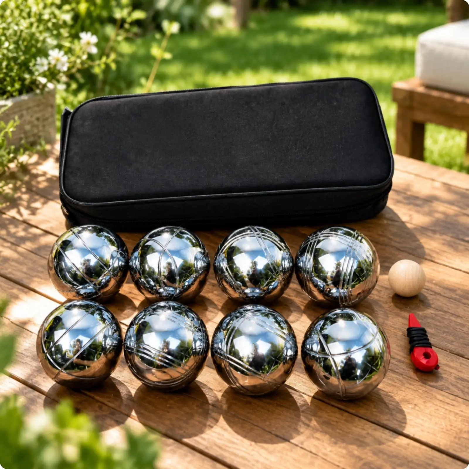 Complete Bocce Game with Grooved Metal Balls and Mesuring Stick for Backyard Fun