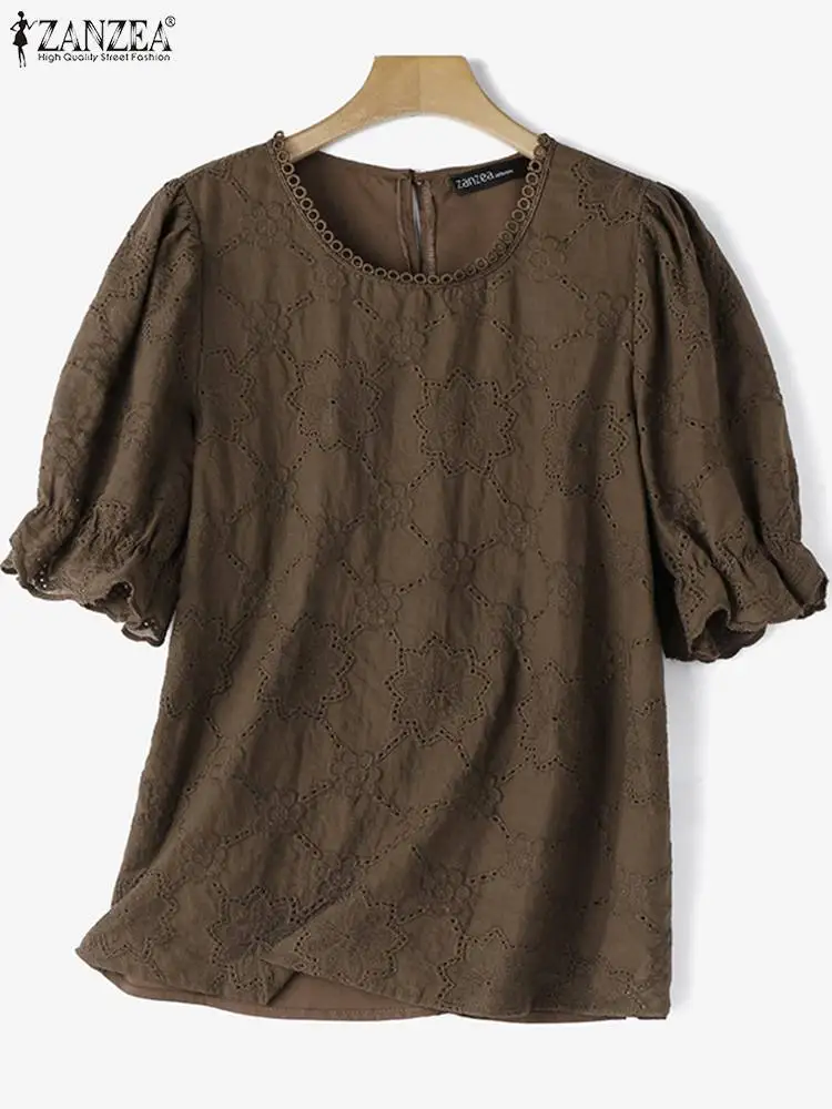 ZANZEA Korean Lace Contton Blouse Women Summer Puff Short Sleeve Tops Fashion Textured Fabric Tunic 2024 Chic Hollow Out Blusas