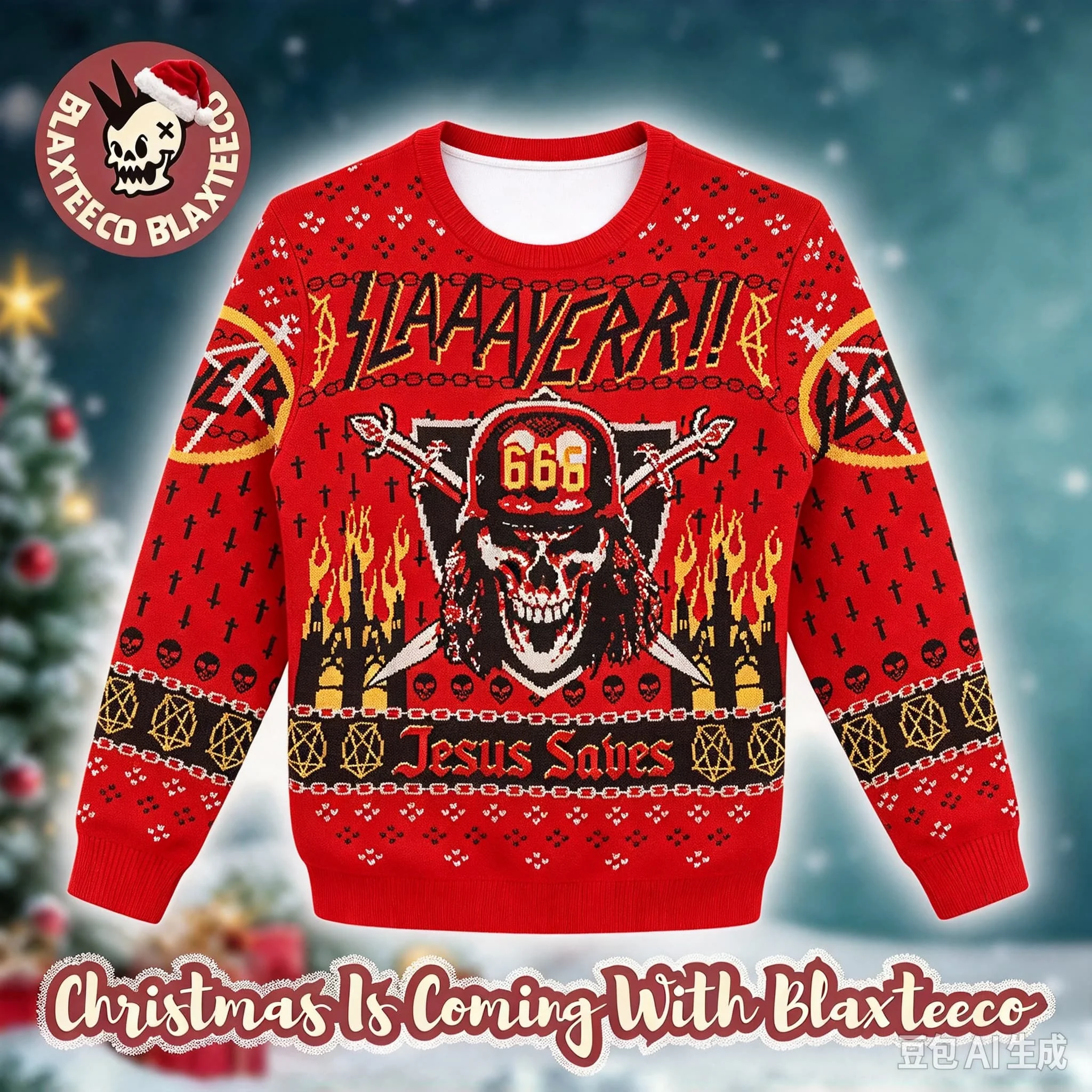 New Slayer Reign in Blood Christmas Ugly Sweater 3D  Long Sleeve Pullover Thrash Metal  Fan Holiday Streetwear Family Matching