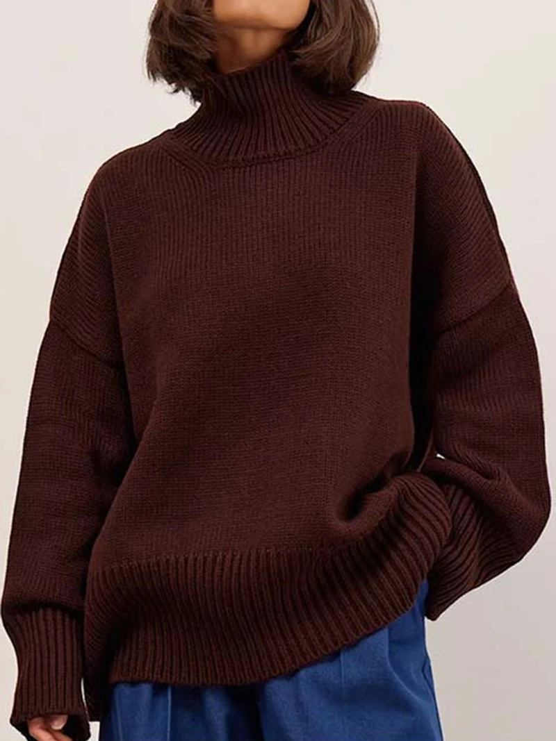 Wixra Women Turtleneck Sweater Solid Autumn Winter Loose Knitted Pullover Jumper Oversize Stylish Casual Knitwear