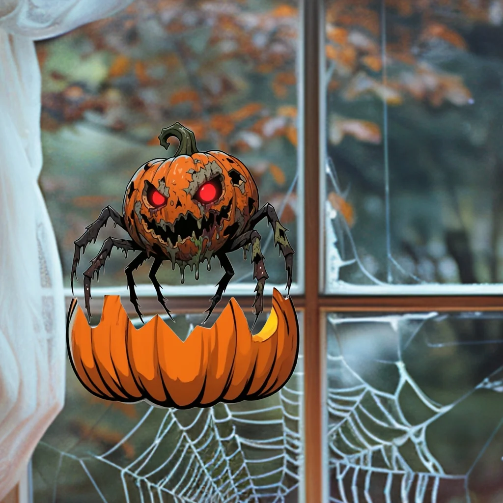 9pcs-Reusable Halloween Window Decals, Pumpkin Spider Static Cling Stickers - No Residue Waterproof for Auto Car Glass Home