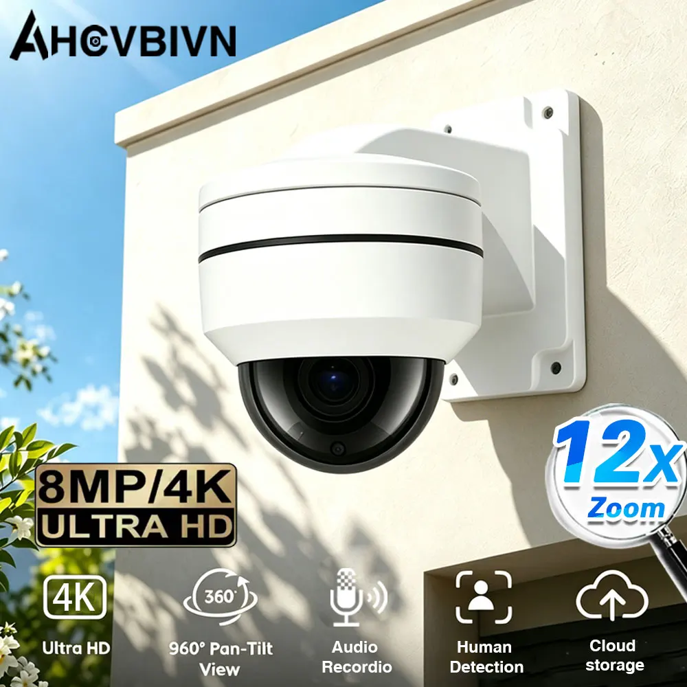 

8MP 4K PTZ IP Camera Outdoor Dome POE 12X Optical Zoom CCTV Audio HD Night Vision AI Human Detection Surveillance Camera