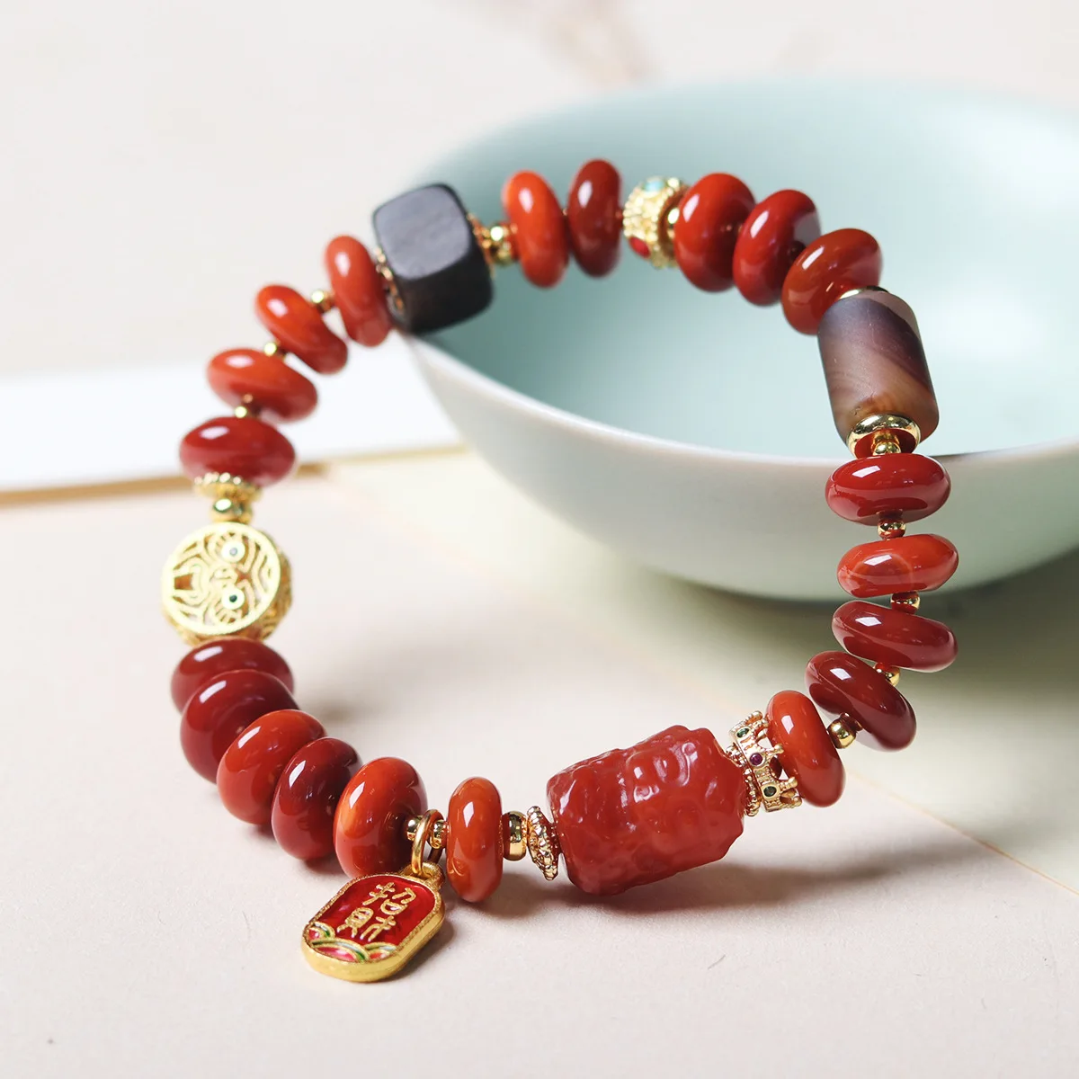 Natural South Red Agate Button Beads Bracelet Wen Play Green Mother Accessories Chinese Style Hand String Lucky Gifts Jewelry