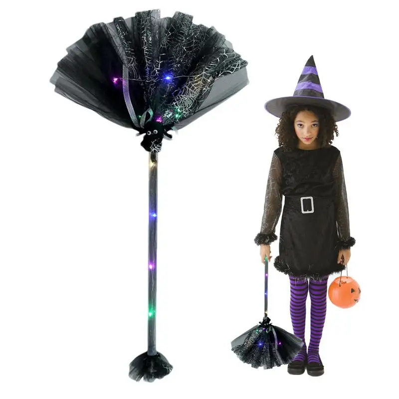 Plastic Witch Broom with Led Light Spliced Color Gauze Halloween Party Broom Prop Children's Gift Halloween Decoration For Home