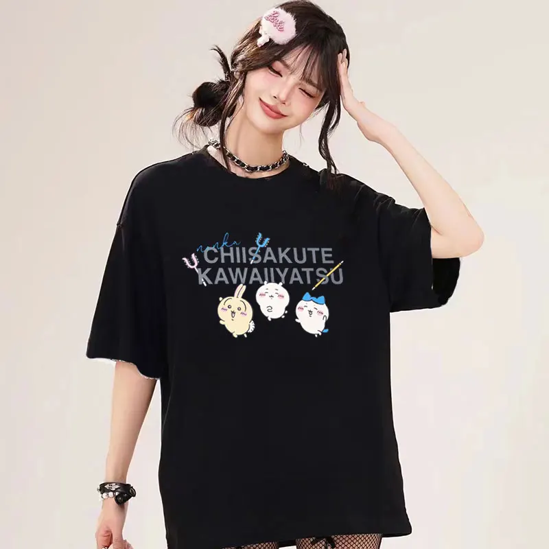 Chiikawa Kawaii Japanese Text T-Shirt Cute 3-Character Graphic Unisex Oversize Loose Casual Short Sleeve Cotton Top For