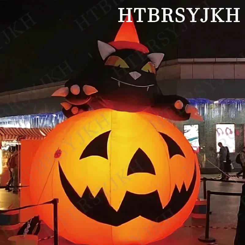 Giant Inflatable Pumpkin with Black Cat, Spooky Halloween Decor Prop for Outdoor Party, Haunted House & Event Display