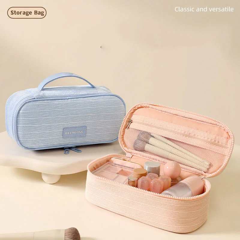 Women Makeup Bag Corduroy Solid Color Design Large Capacity Storage Partitioned Toiletry Bags Versatile Portable Handbag