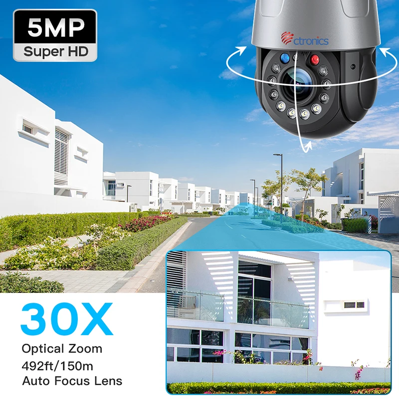 Ctronics 30X Optical Zoom 5MP PTZ Security Camera Outdoor Smart Tracking IP Camera WiFi Color Night Vision CCTV Human Detection