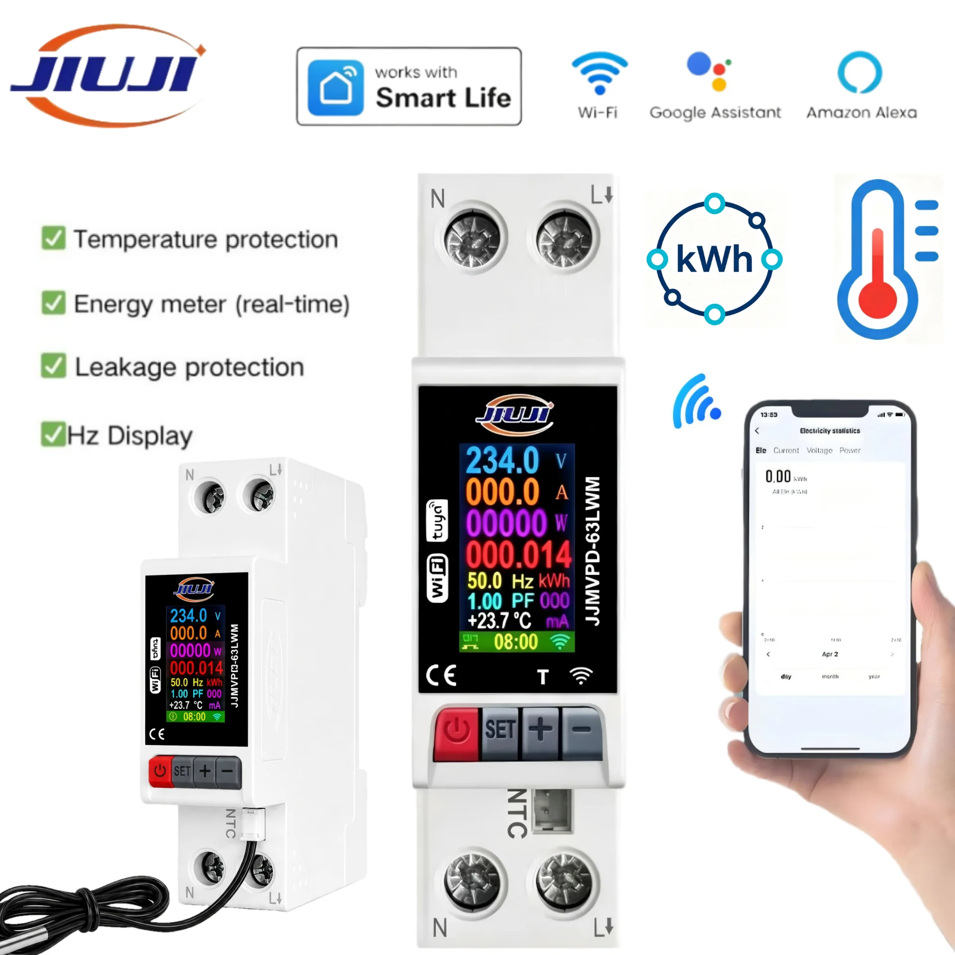 Jiuji 63A For Tuya Smart Switch Circuit Breaker LCD Energy Meter KWh Power Metering Timer Relay Remote Control Smart Life APP