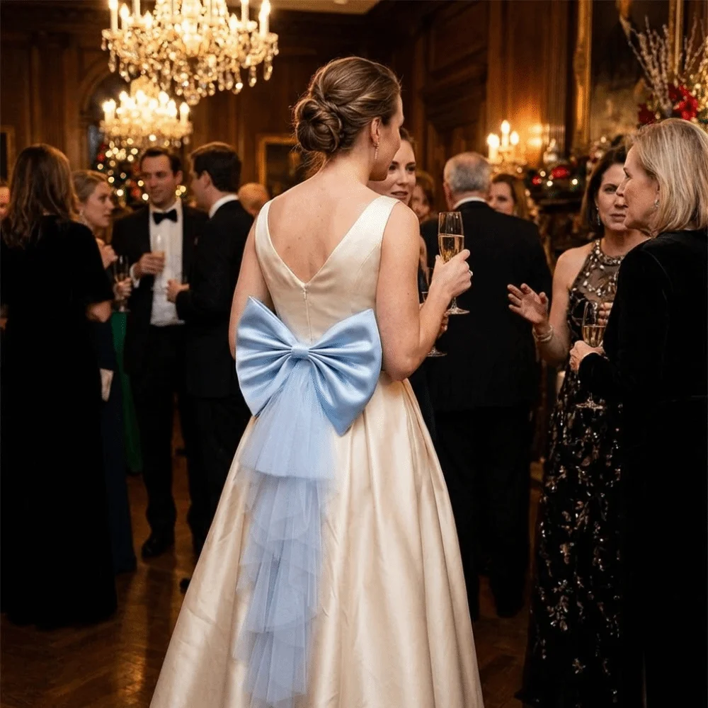 

Single Layer Big Bow Waist Decoration Fluffy Satin Mesh Elegant Bridal Belt Solid Color Chic Gown Waist Ornament Evening Gown