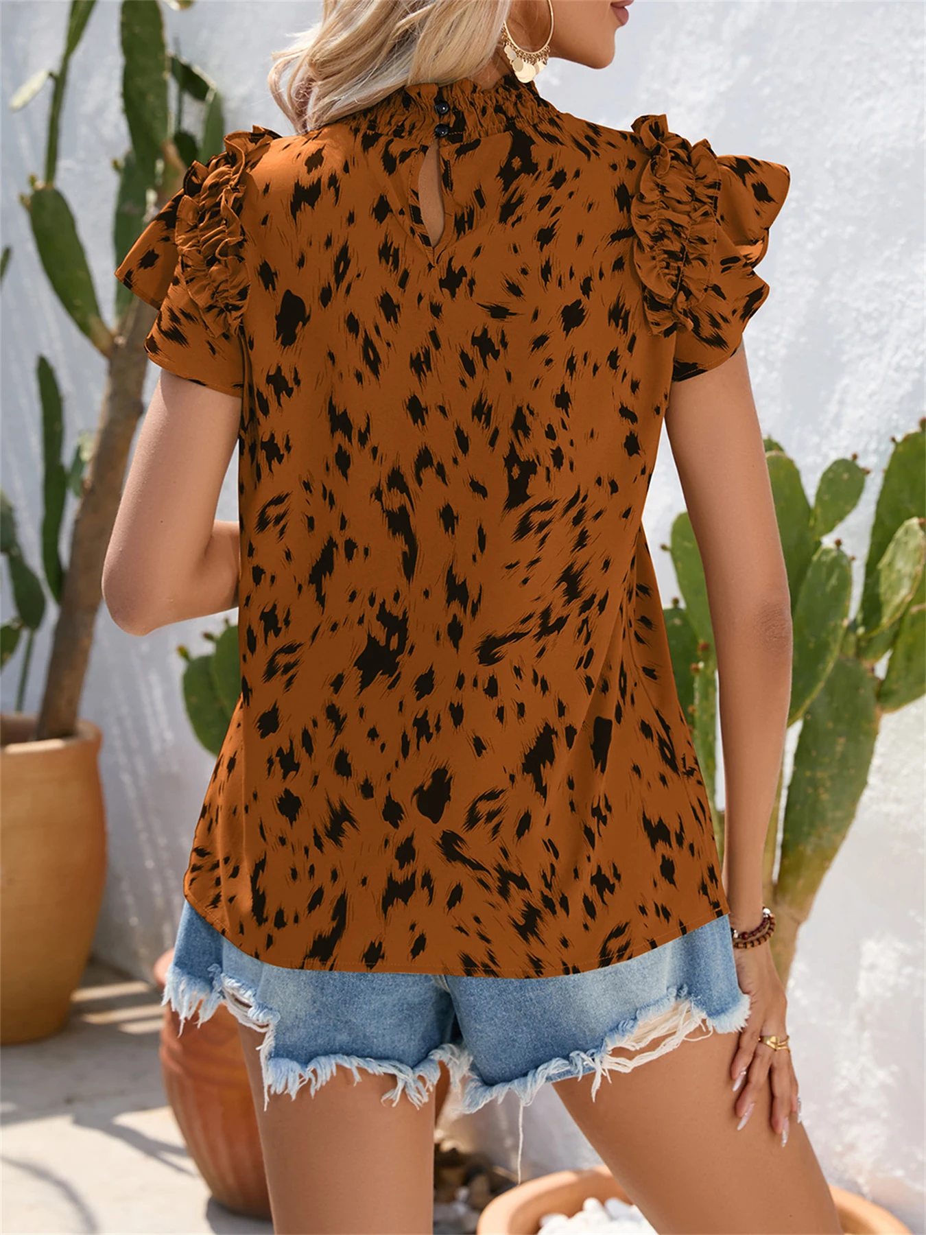 Spring Summer Casual Round Neck Wooden Ear Ruffled Leaf Sleeves Leopard Print Shirt Women Vacation Blouse