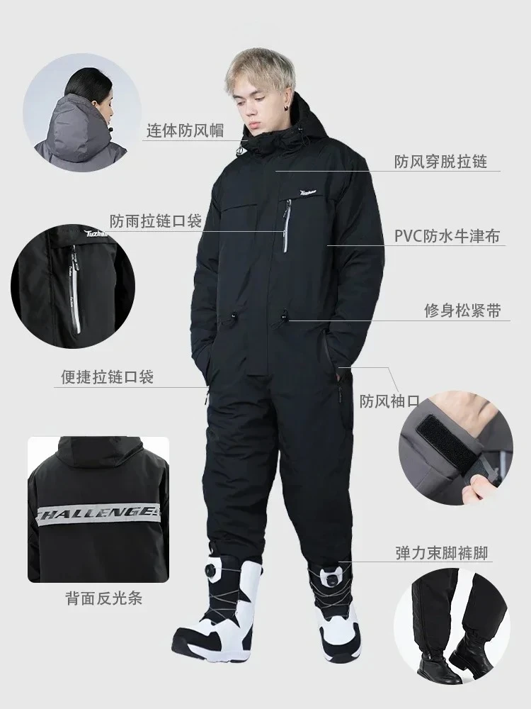 Skiing Suits Cold Proof Men's Women's Jumpsuit Outdoor Waterproof Windproof Thickened Warm Integrated Fishing Winter Riding
