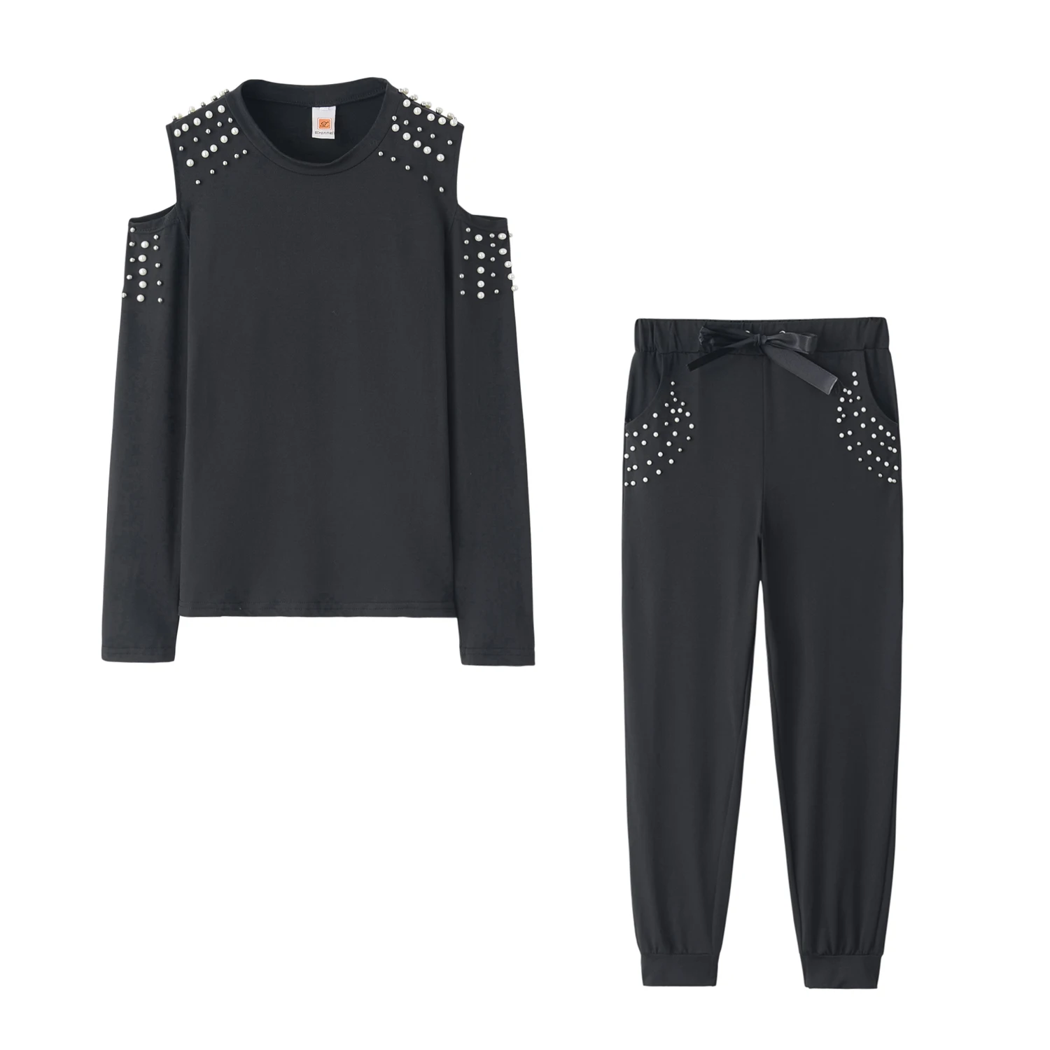 2 Pieces Sets Women Europe 2026 Sexy Nail Bead Pure Color Round Collar top+Long Sports pant suits fall Dropshipping ZXP9596