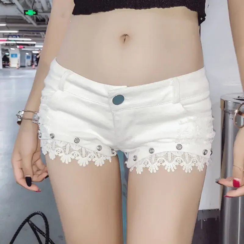 

Новинка лета 2024, женские сексуальные джинсовые шорты с низкой талией и кружевными джинсами, шорты Y2k