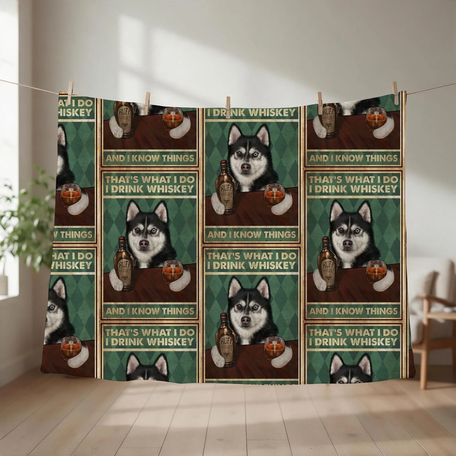 Funny husky dog drink whiskey quotes Throw Blanket bed plaid Thermal Softest Plaid on the sofa Blankets