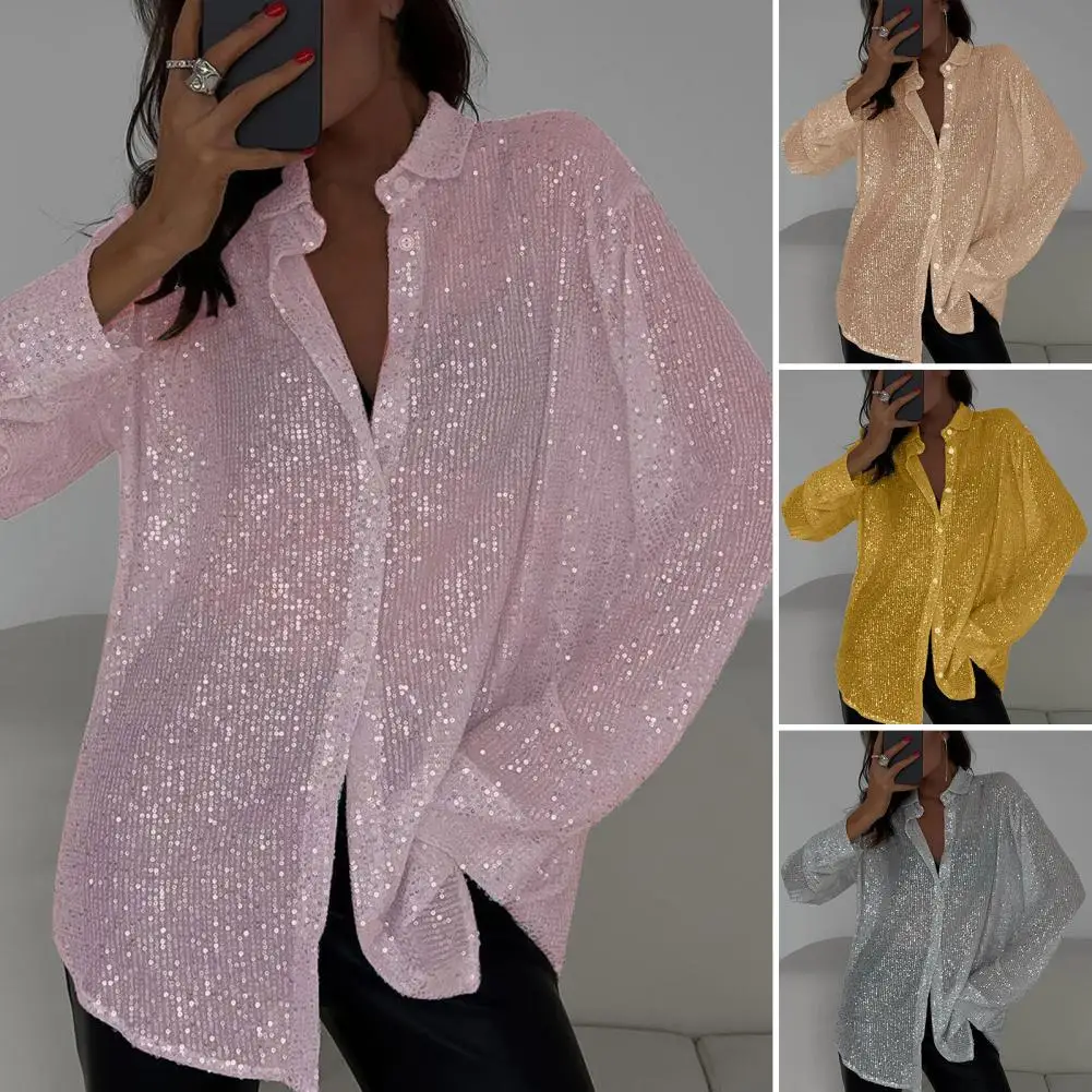 

Exquisite Cuff Detail Blouse Women’s Sequined Lapel Shirt Blouse Long Sleeve Shiny Cardigan Top Loose Fit Night Club for Women