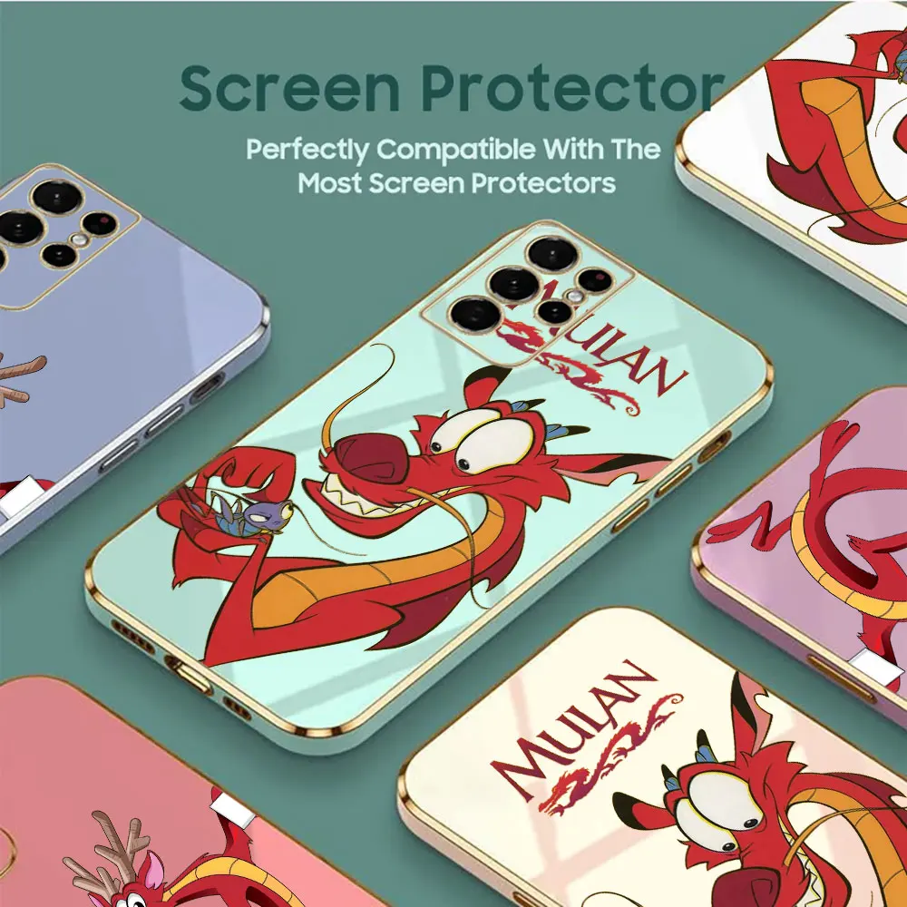 Disney Mushu Dragon Plating Galaxy S24 Ultra Case For Samsung S23 S22 S21 S20 S24 Plus Fe Note 20 Ultra S10 10 Plus Luxury Cover