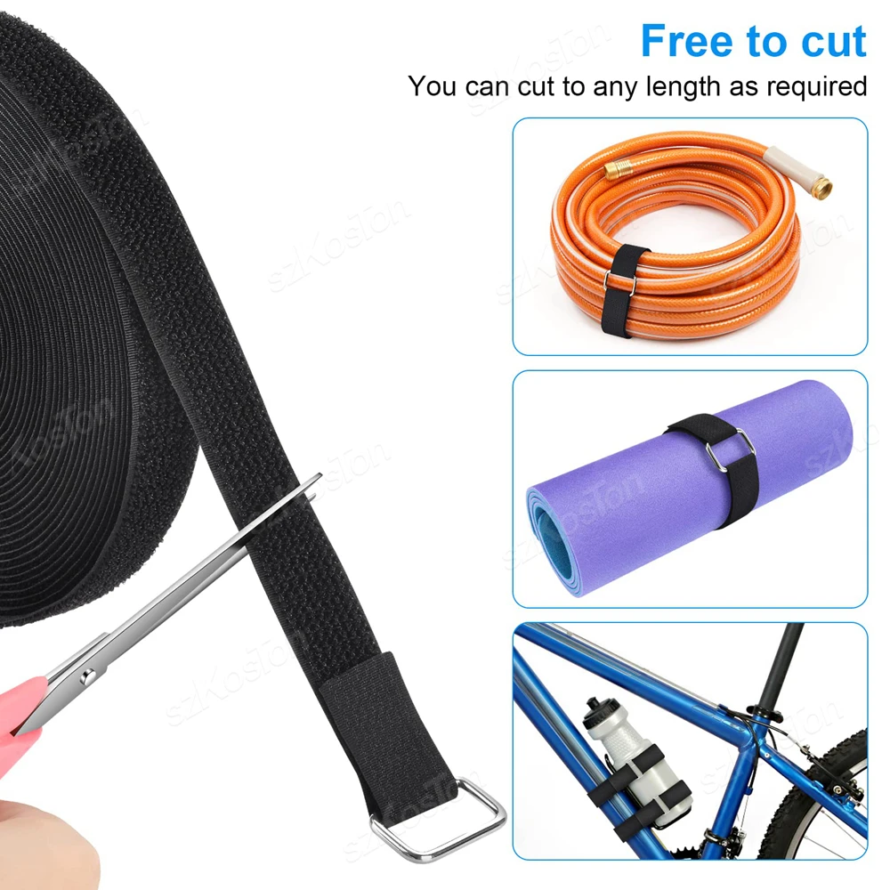 Adjustable 10/5m Cable Straps with 25/50 Buckles Free Cut Black Reusable Fastening Hook Loop Tie Securing Strip Cord Organizer