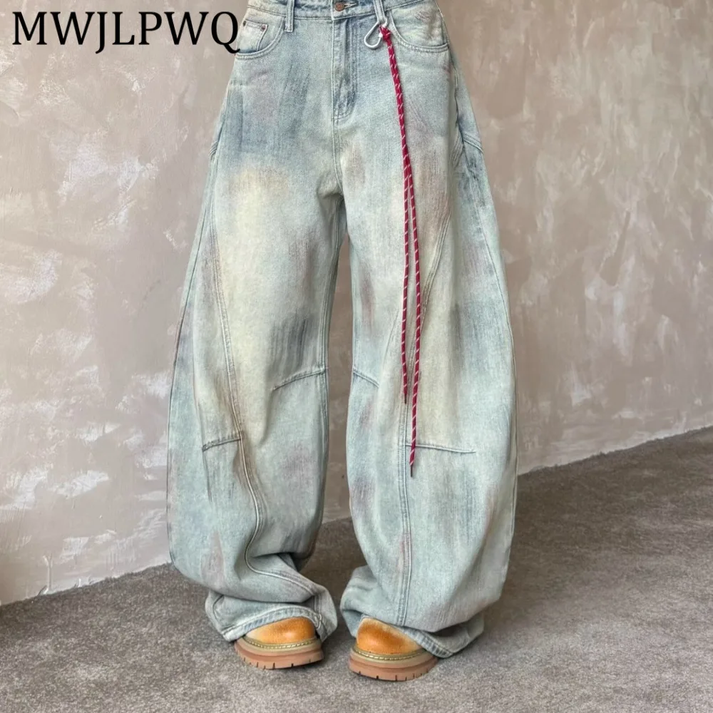 

MWJLPWQ American Retro Distressed Curved Hem Thin Jeans Unisex Summer 2026 Patchwork Design Light Blue Oversized Pants 14879