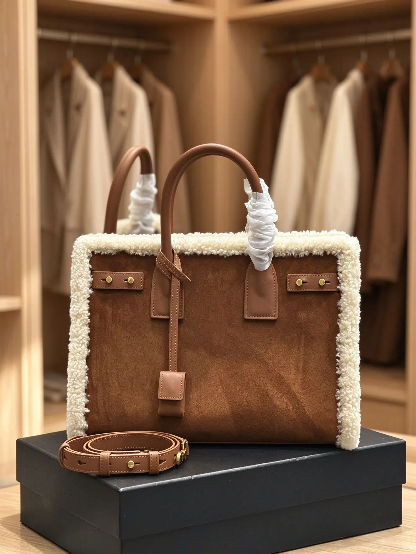 Women Teddy Fleece Trim Tote Bag, Faux Suede PU Leather Top Handle Handbag with Detachable Shoulder Strap for Winter