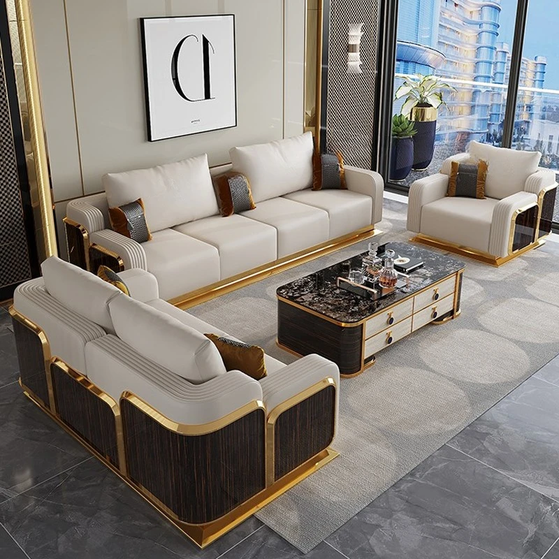 Custom Hong Kong-style light luxury leather sofa, cowhide simple luxury villa, high-end living room