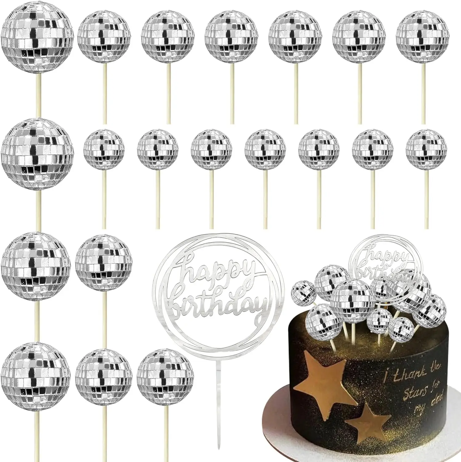 Disco Ball Cupcake toppers Happy Birthday Cake Topper 70s Disco Theme Cake Picks for Disco Theme Party Favor