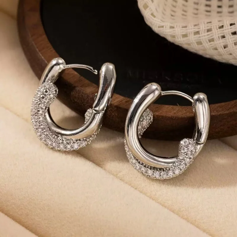 

French Minimalist round Zircon Metal Earrings for Women Suitable Elegant Wrapped Ear Jewelry Daily Commute Accessory