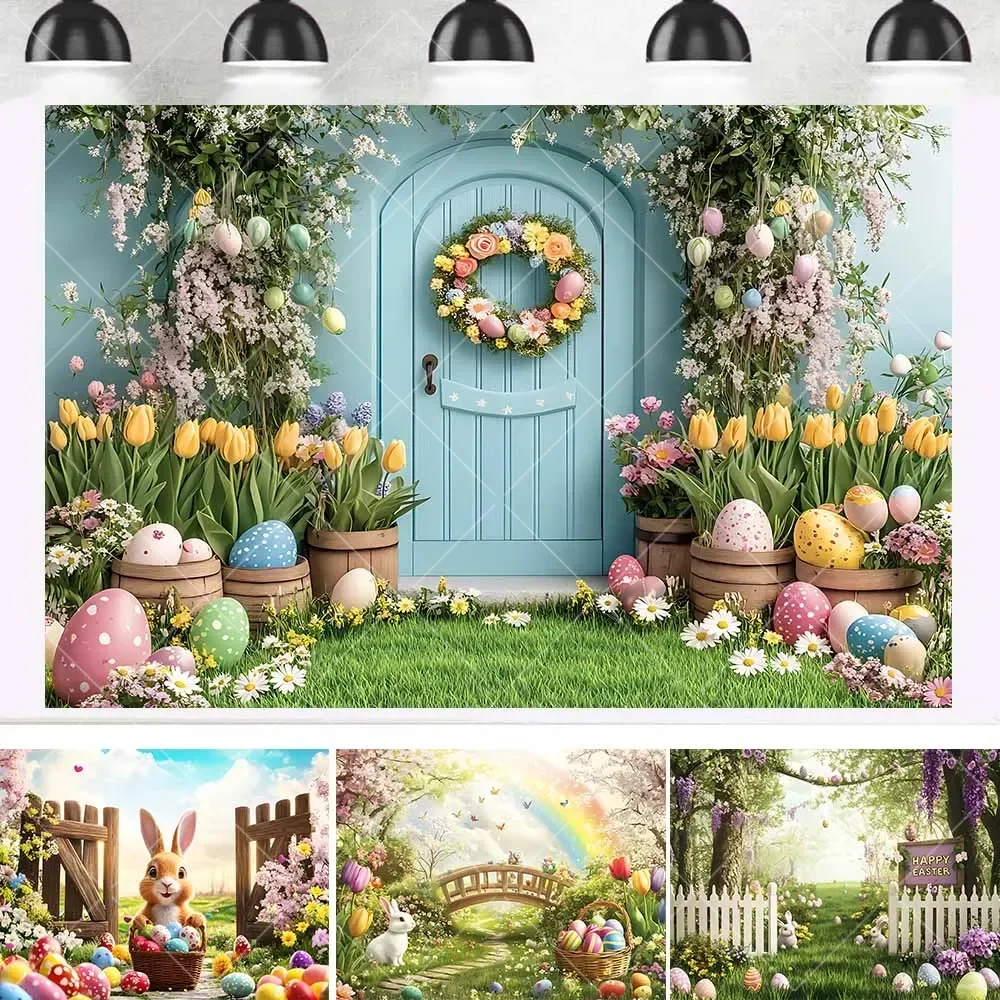 

Happy Easter Party Backdrop Spring Flower Window Colorful Eggs Easter Banner Baby Shower Newborn Portrait Photography Backdrop