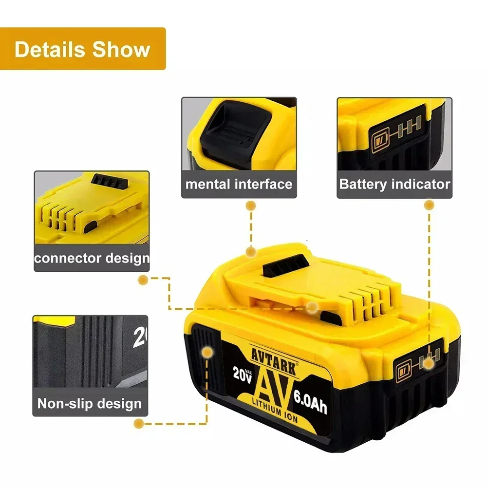 New  20V 6.0Ah DCB200 Replaceable Li-ion Battery Compatible for Dewalt 18V MAX  Power Tools 18650 Lithium Batteries with charger