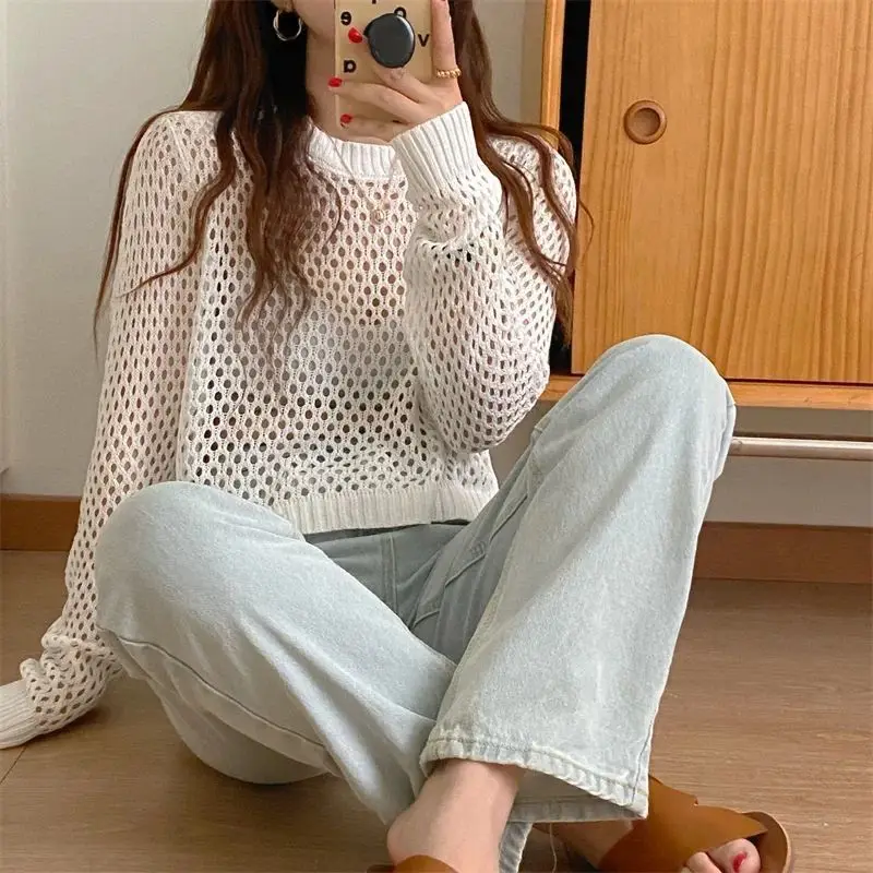 Pullovers mulheres verão moda respirável fino sólido simples sol-prova de férias concurso macio feminino oco design ulzzang chique