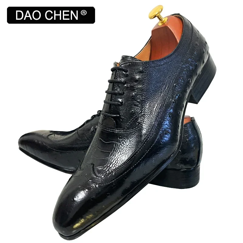 DAOCHEN MEN OXFORD SHOES BROWN BLACK OSTRICH PRINTS SHOES LACE UP FORMAL DRESS MAN SHOE OFFICE WEDDING LEATHER SHOES MEN