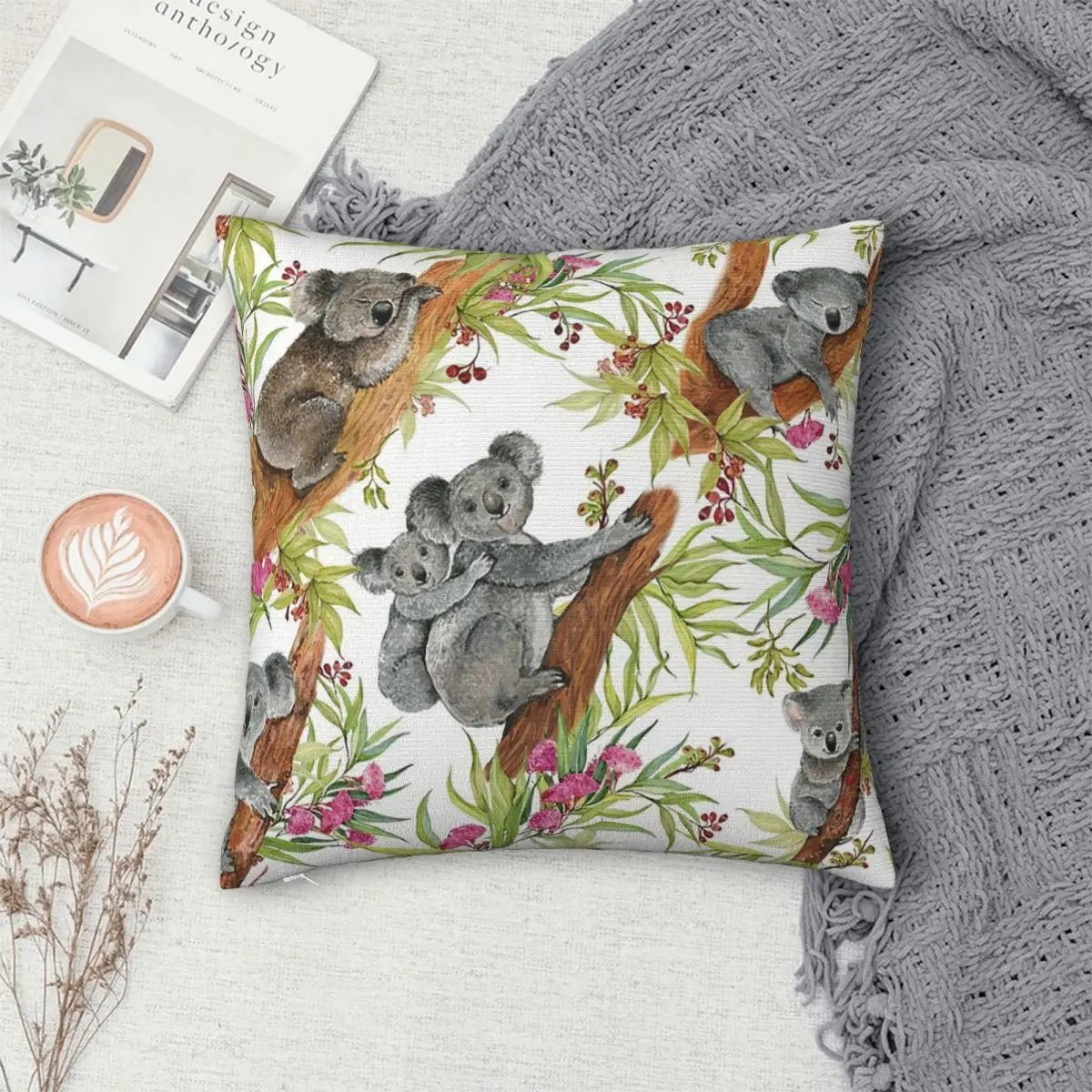 Cute Australian Koala Print Square Pillowcase Pillow Cover Cushion Zip Decorative Comfort Throw Pillow for Home Living Room
