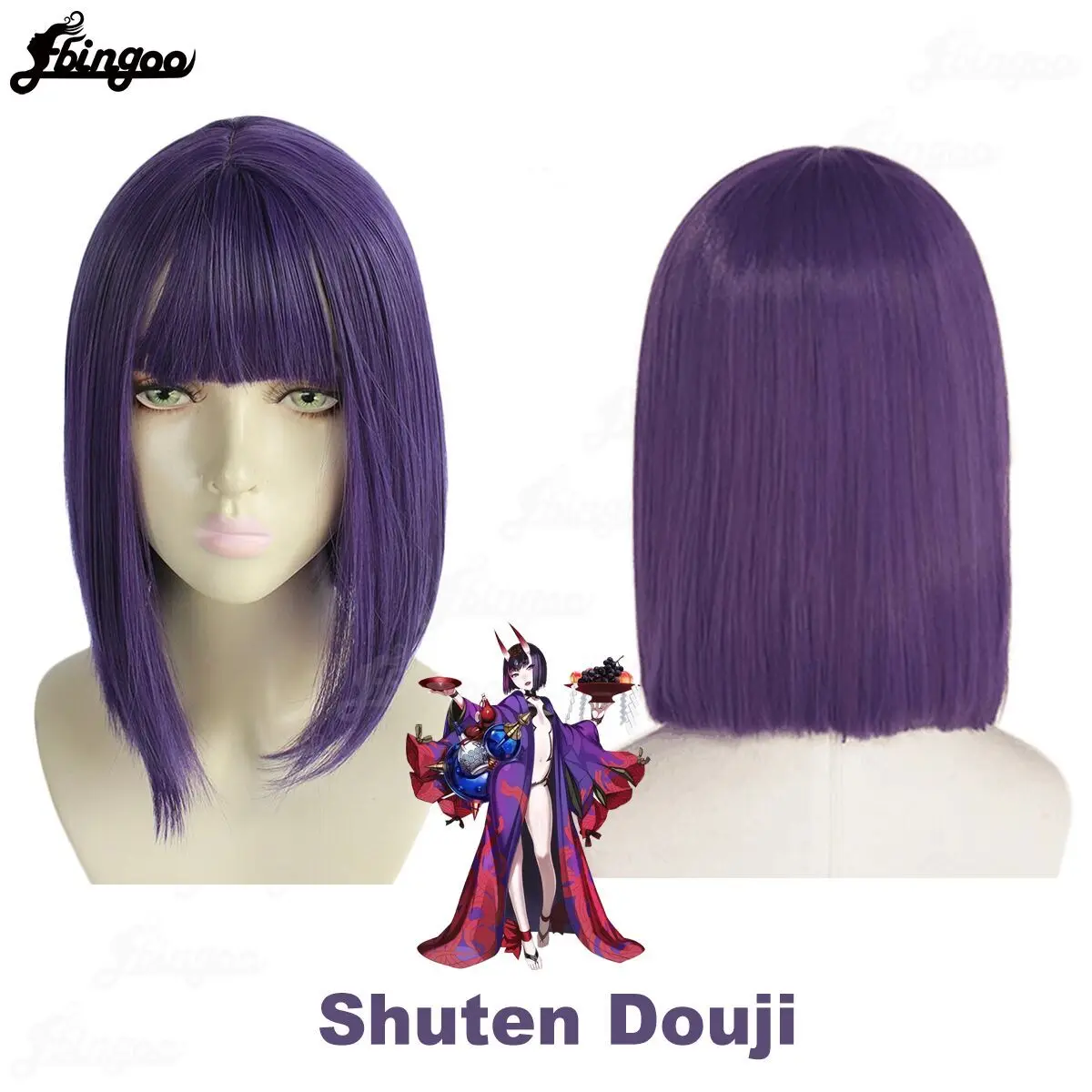 

Ebingoo Synthetic Wig Shuten Douji Cosplay Wigs Short Striaght BoBo Purple Hair Wig with Bangs for Women Halloween Costume Party