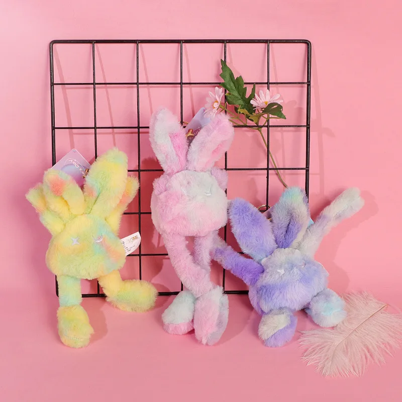 Cute Gradient Tie Dye Rabbit Plush Keychain Stretchable Long Ear Bunny Hanging Ornament Fluffy Bag Charm Claw Machine Toy