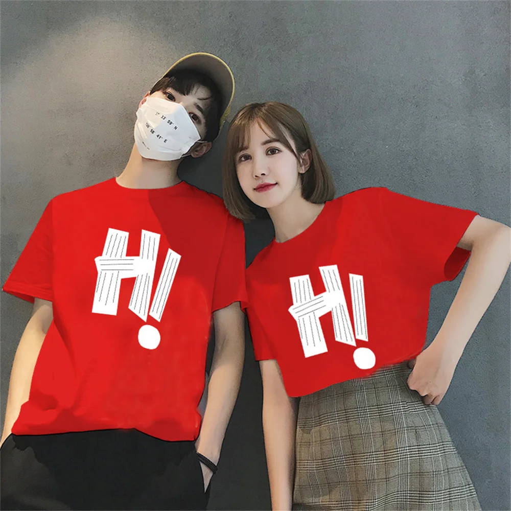 English Letter HI Print Blue Red Black White Couple T-Shirt 100% Cotton Summer Casual Summer Women Men Short Sleeve TShirts Tees