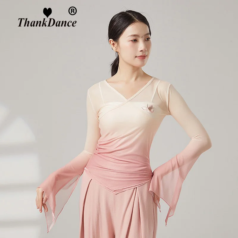 Camisa de baile de manga larga con cuerno para mujer, Top Sexy transparente para danza clásica, Top de bailarina folclórica china, Ropa de baile de malla, rima corporal Hanfu