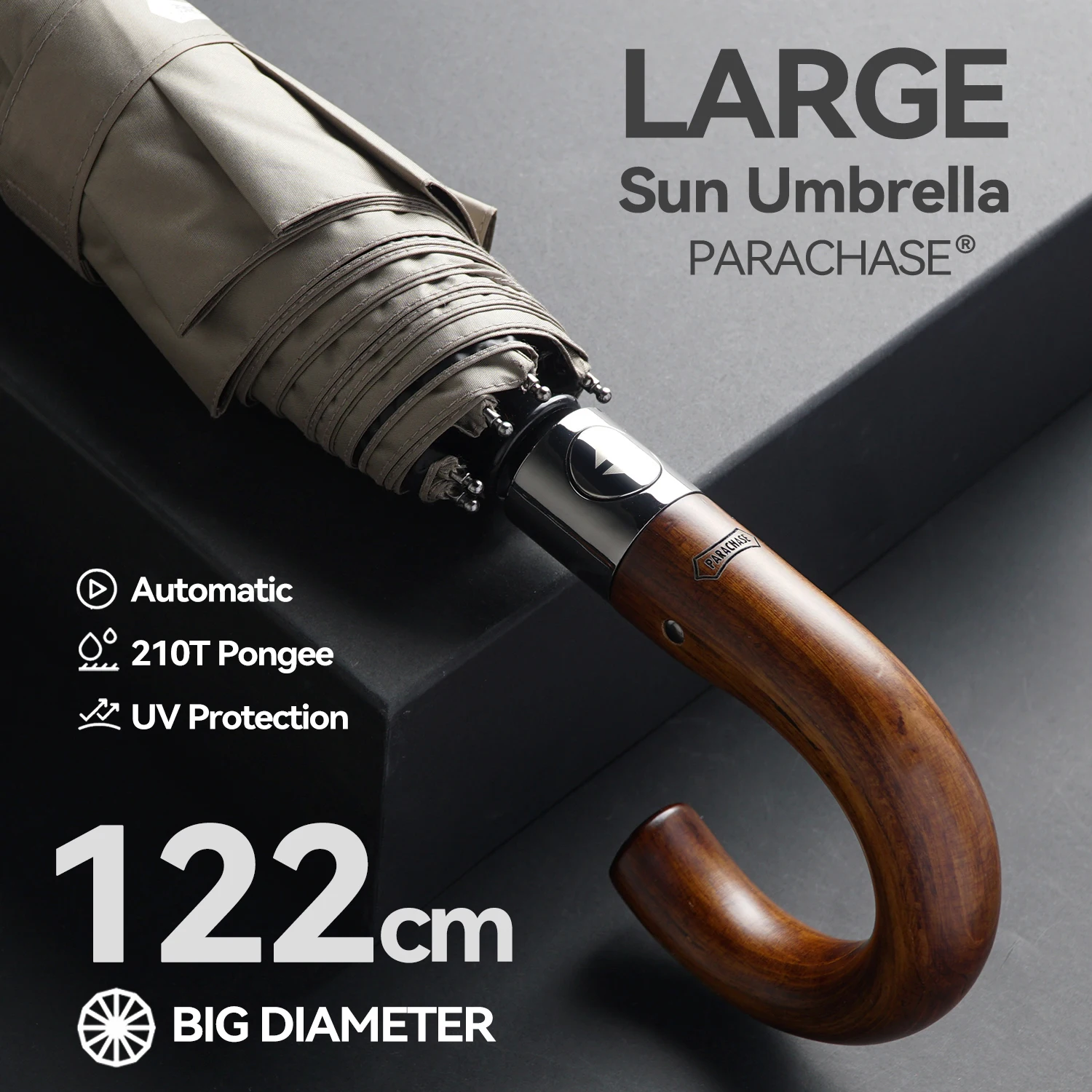 PARACHASE Large Umbrella Men Windproof Strong, Luxury Automatic Umbrella UV Protection, Wooden Handle, UV Parasol Umbrella