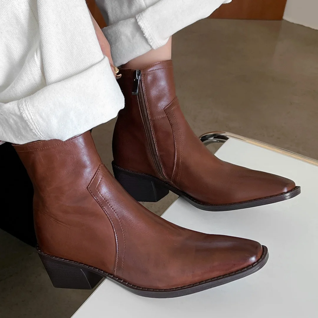 

2025 New women's cow leather square toe side zip autumn ankle boots 5.5cm thick med heel elegant ladies daily slim short booties