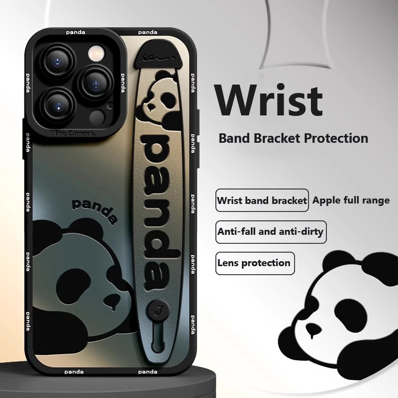 Deluxe Oval Wrist Band Bracket Applicable Iphone 11 12 13 14 15 Pro Max X Xr Xs Soft Silicone Cell Phone Case Cute Little Panda