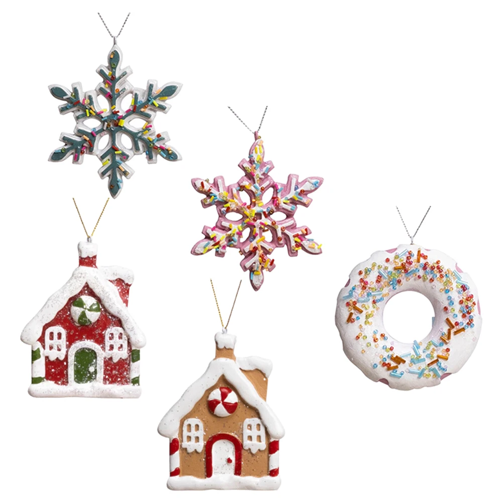 

1 set Christmas Ornaments Pink Snowflake Blue Snowflake Red House Yellow House Donut Resin Decorations Holiday Gifts Christmas