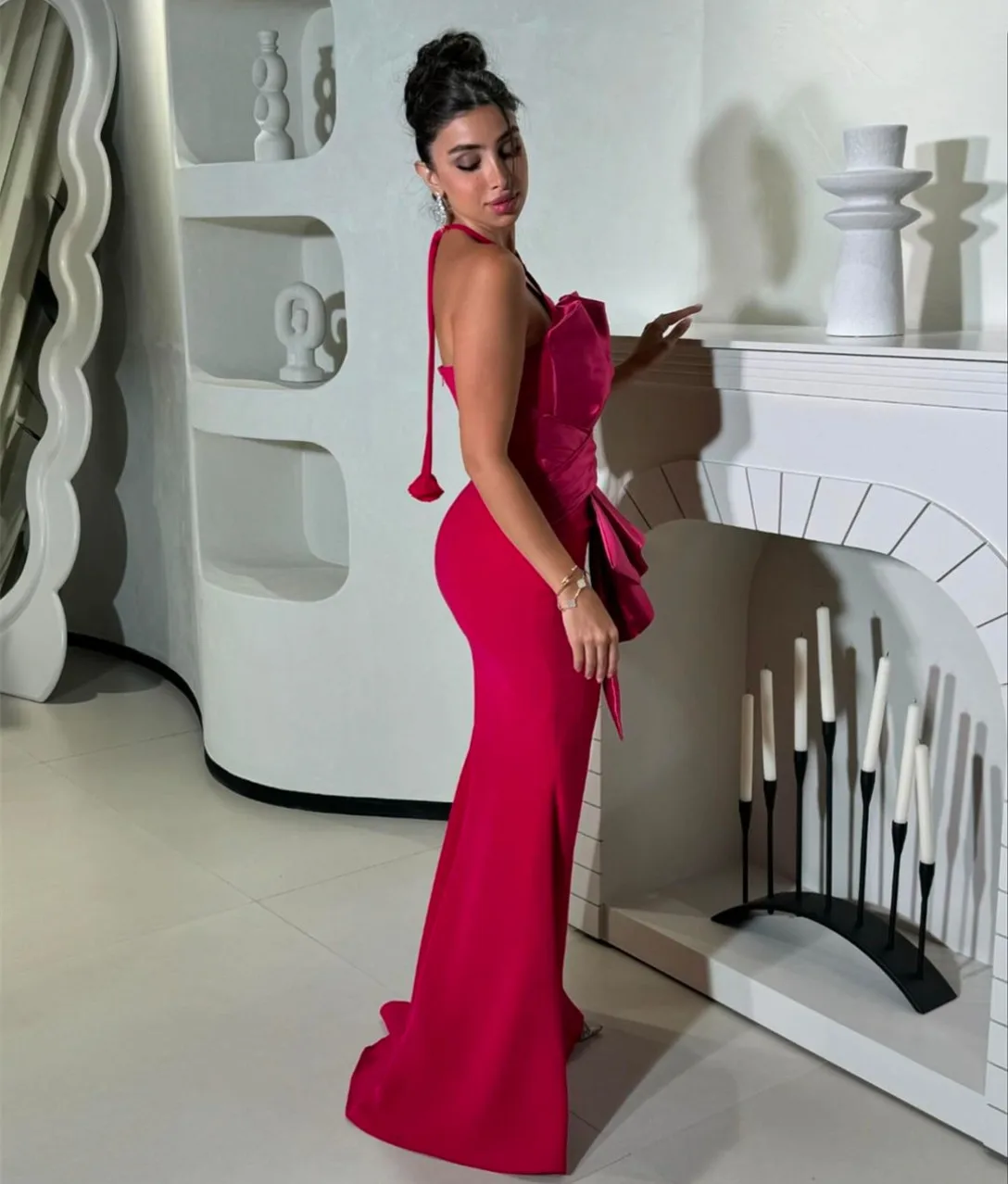 Customized Long Fuchsia Evening Dresses with Ruffles Mermaid Scalloped Watteau Train فساتين سهرة Wedding Guest Dress for Women