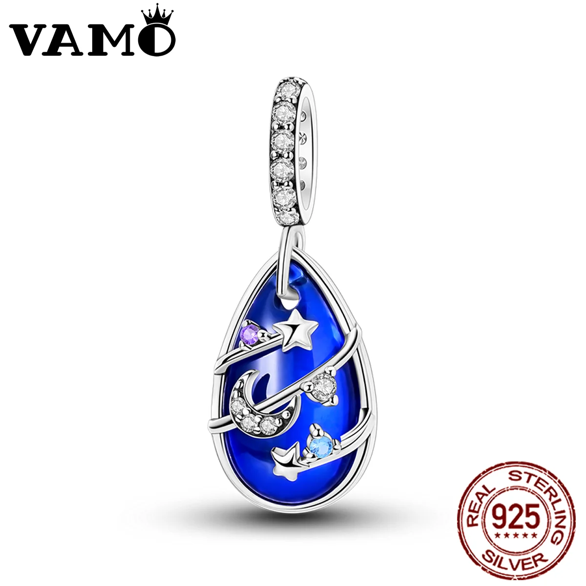 VAMO 925 Sterling Silver Charms Bead CZ Brilliant Star Moon Water Drop Glass Pendant Fit Original Bracelet DIY Marking Gift