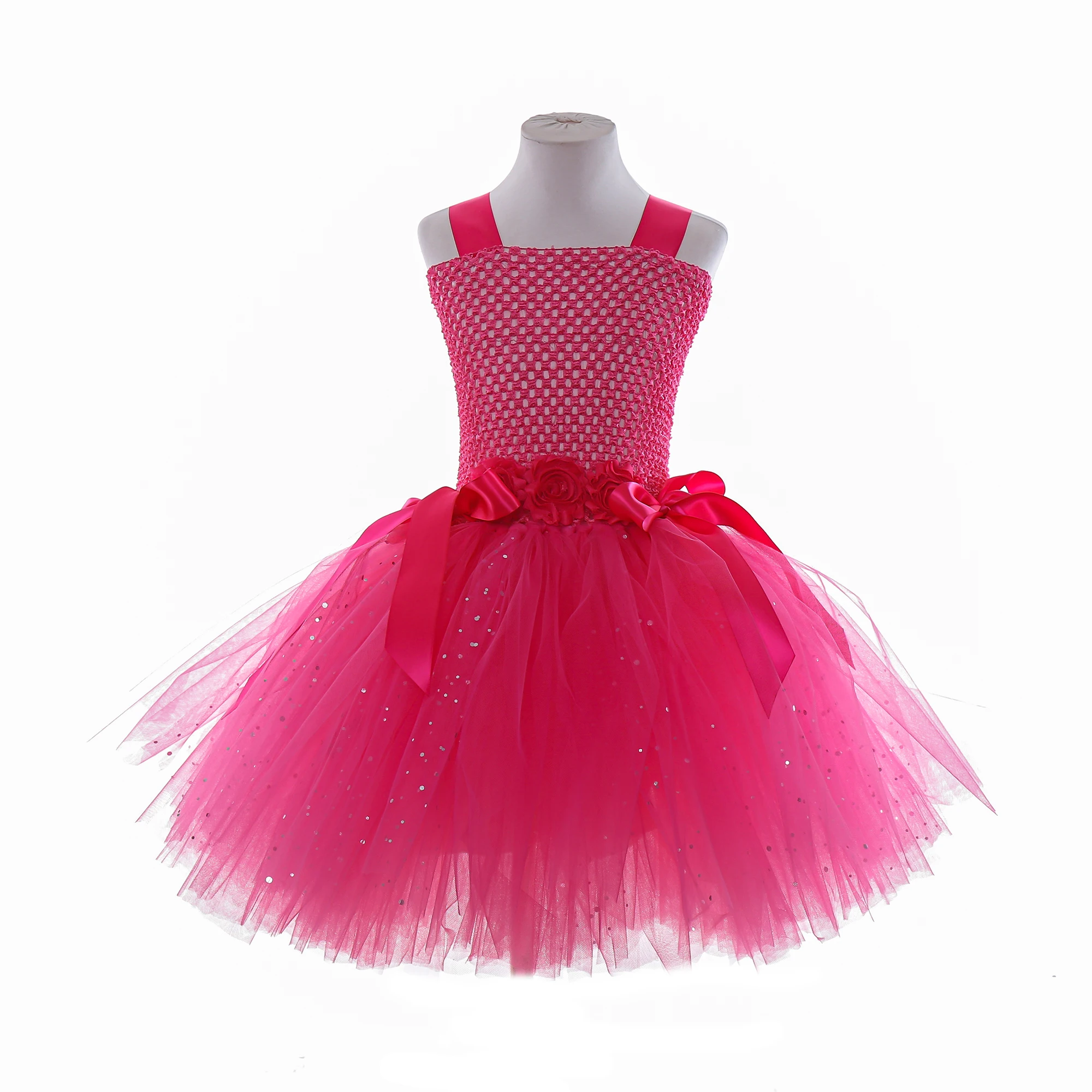 Girls Rose Red Fairy Party Princess Dress Kids Sequined Shiny Bithday Ceremony Clothes Children Tulle Ball Gown For Wedding